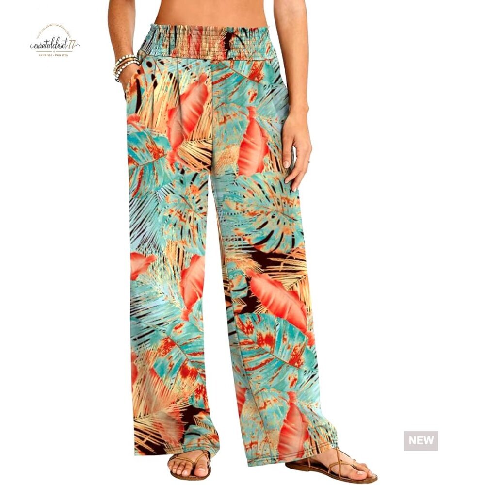 High Waisted Wide Leg Palazzo Pants Elastic Waist Pockets Casual Beach